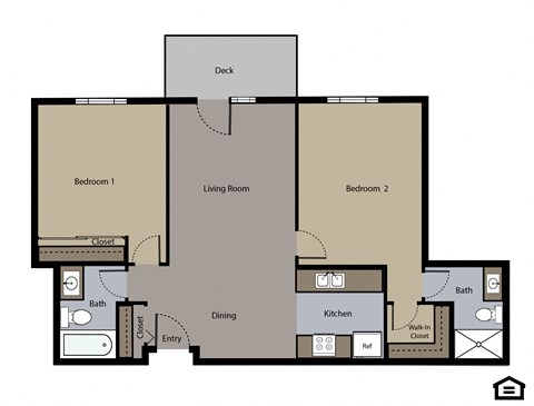 Floor plan for 2 beds, 2 baths, 983 sqft